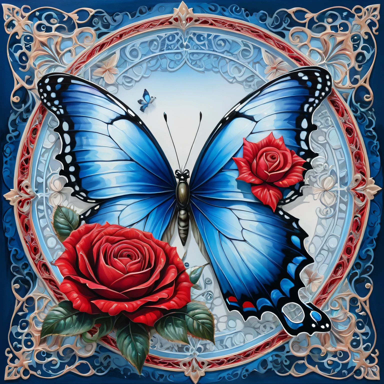 A two-layer painting with the effect of surreal volume by superimposing layers in different styles, a surreal grotesque image ((blue butterfly)) and (red rose flower) on one layer, surrounded by an elegant edging with an intricate pattern made by the second layer, the combination of two layers creates the illusion of volume, canvas, acrylic, transparency, filigree