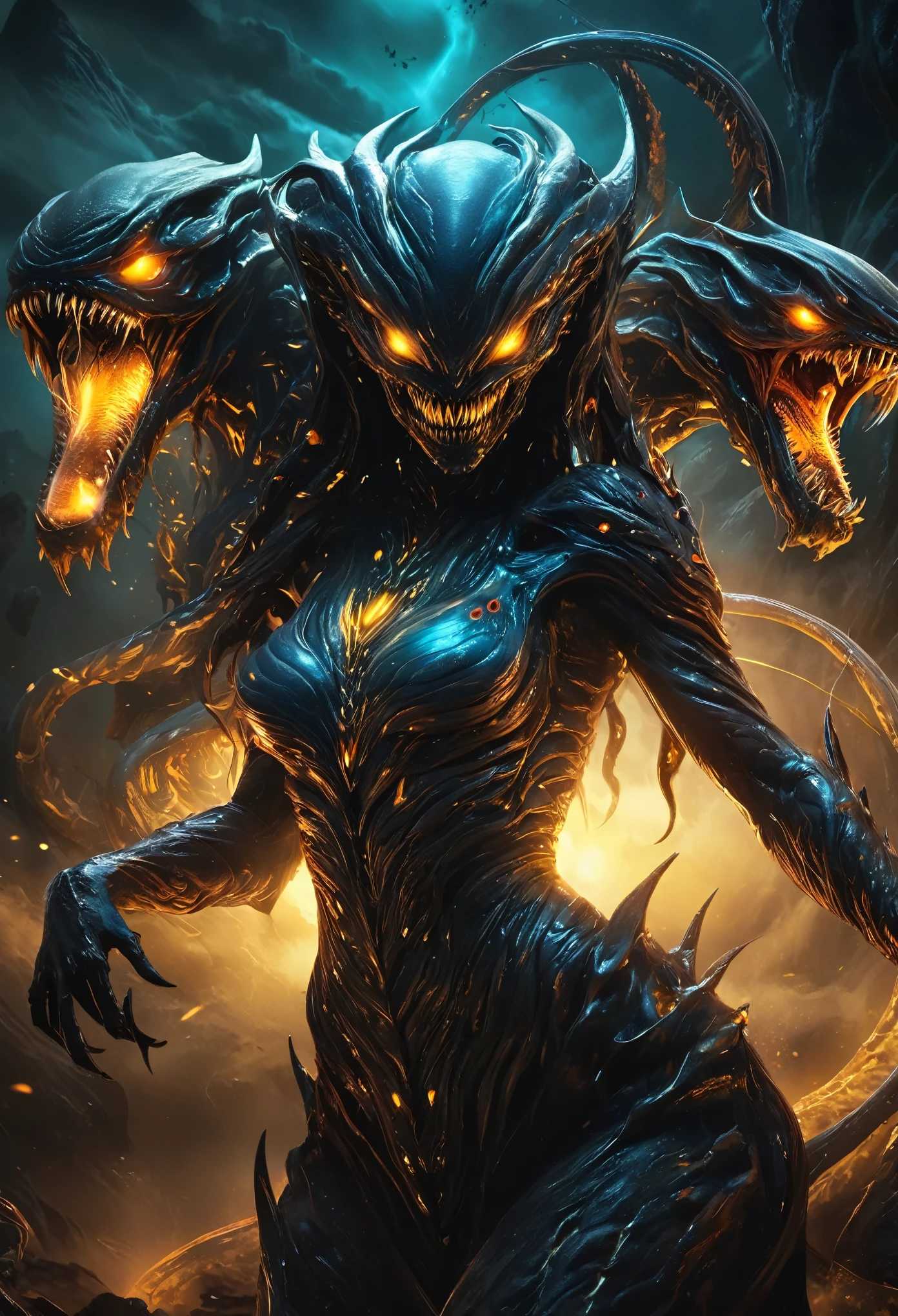 (best quality,highres,ultra-detailed:1.2),terrifying female alien,otherworldly portrait,nightmarish beauty,horrifying gaze,extraterrestrial creature,sharp teeth,glowing eyes,sinister smile,serpentine body,deadly claws,dark atmosphere,alien landscape,ominous lighting,vivid colors,horror,sci-fi,cosmic horror, (NSFW:1.5), a lot of eyes,