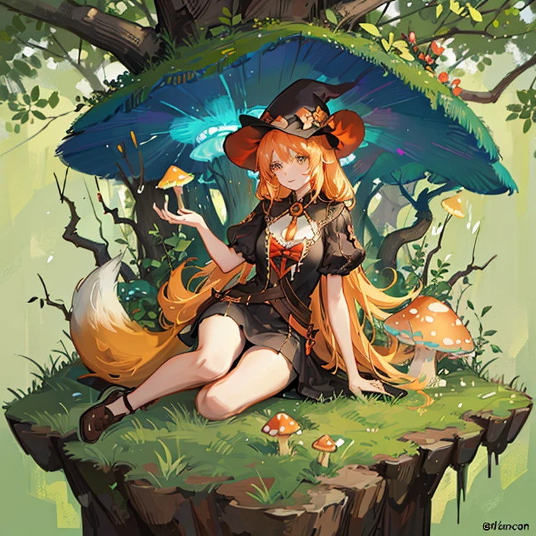 An adorable orange fox wearing a witches hat sitting in a forest clearing. Mushrooms scattered around in front of it.