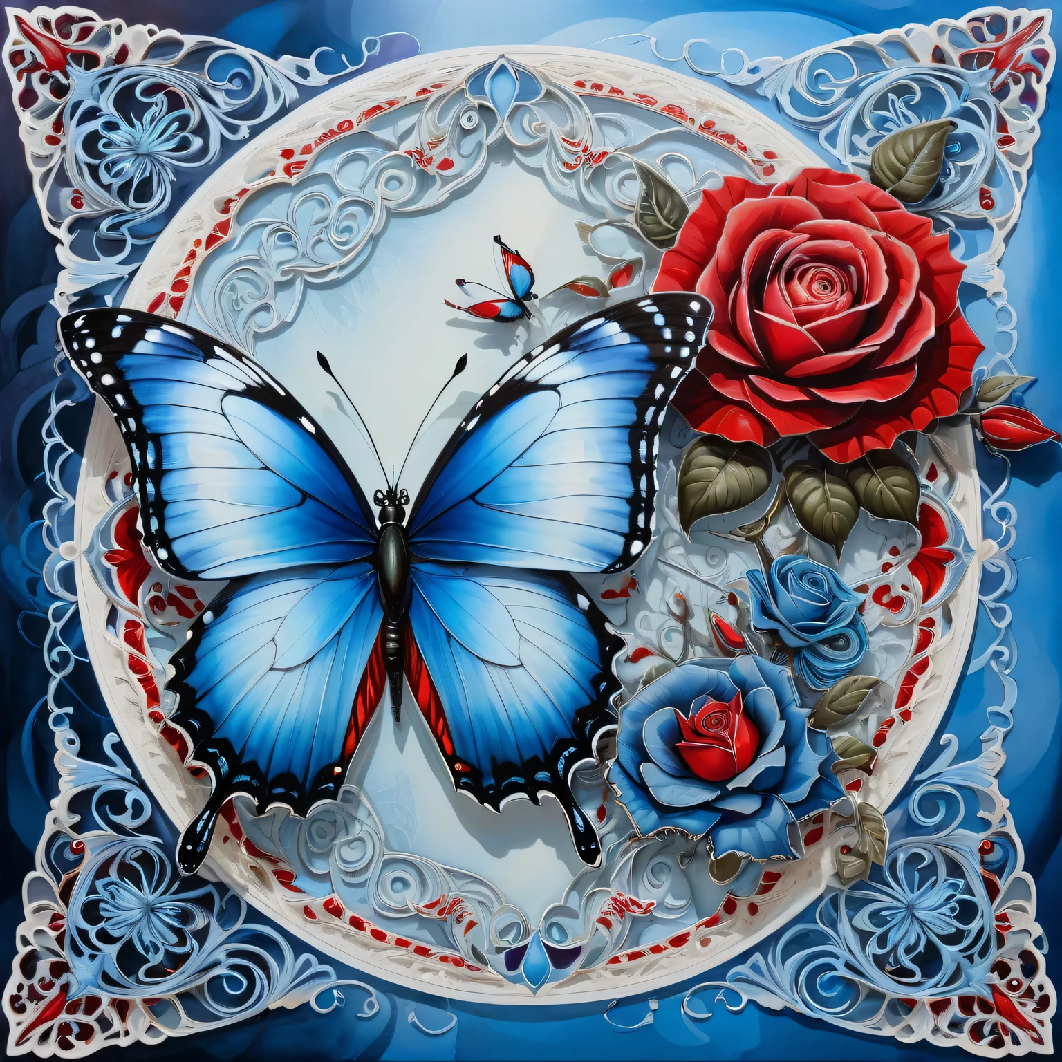 A two-layer painting with the effect of surreal volume by superimposing layers in different styles, a surreal grotesque image ((blue butterfly)) and (red rose flower) on one layer, surrounded by an elegant edging with an intricate pattern made by the second layer, the combination of two layers creates the illusion of volume, canvas, acrylic, transparency, filigree
