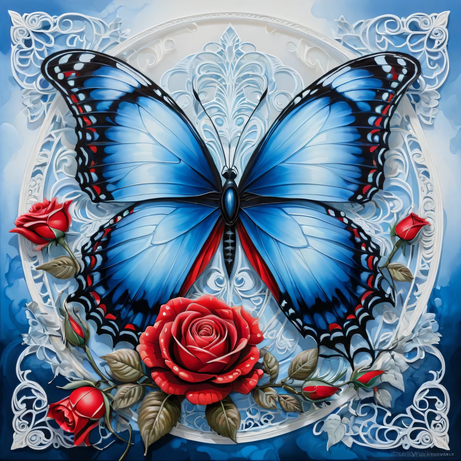 A two-layer painting with the effect of surreal volume by superimposing layers in different styles, a surreal grotesque image ((blue butterfly)) and (red rose flower) on one layer, surrounded by an elegant edging with an intricate pattern made by the second layer, the combination of two layers creates the illusion of volume, canvas, acrylic, transparency, filigree