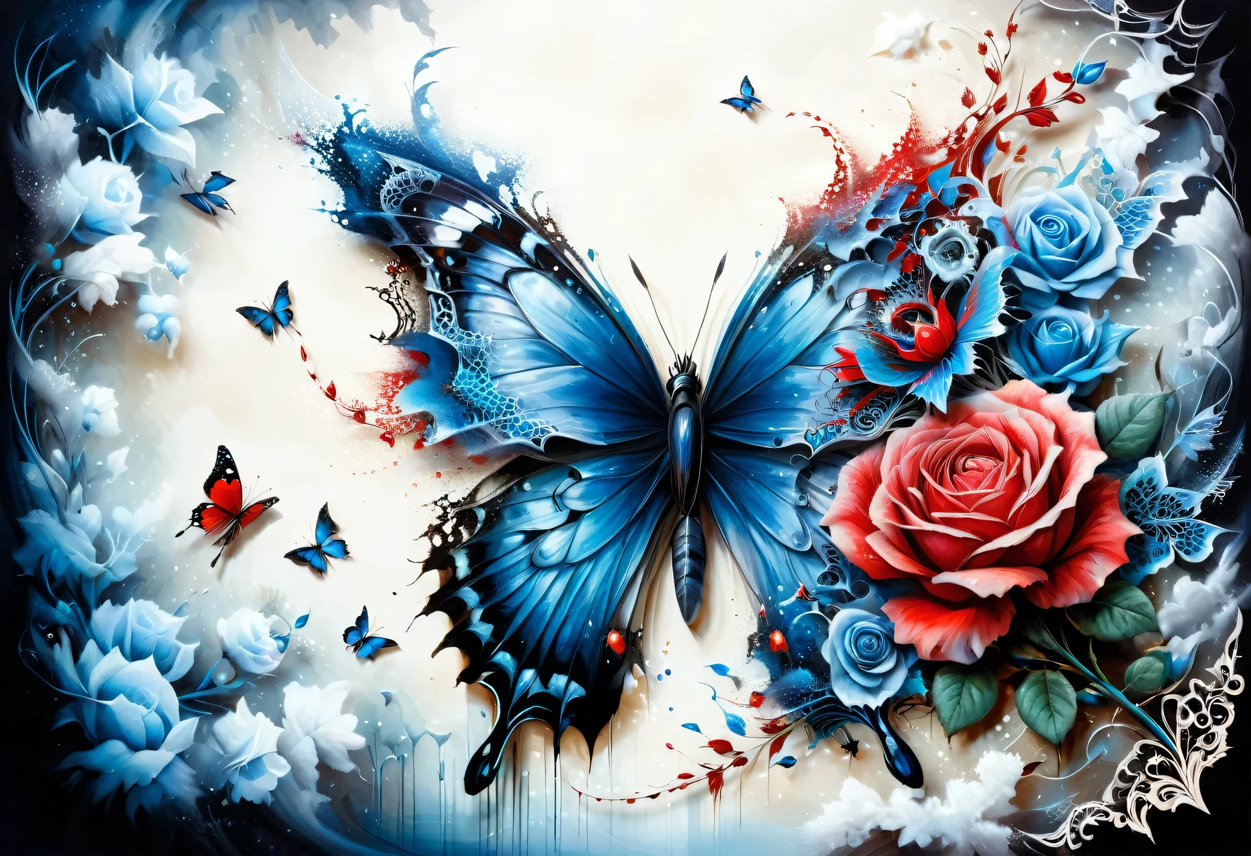 A two-layer painting with the effect of surreal volume by superimposing layers in different styles, a surreal grotesque image ((blue butterfly)) and (red rose flower) on one layer, surrounded by an elegant edging with an intricate pattern made by the second layer, the combination of two layers creates the illusion of volume, canvas, acrylic, transparency, filigree, clarity