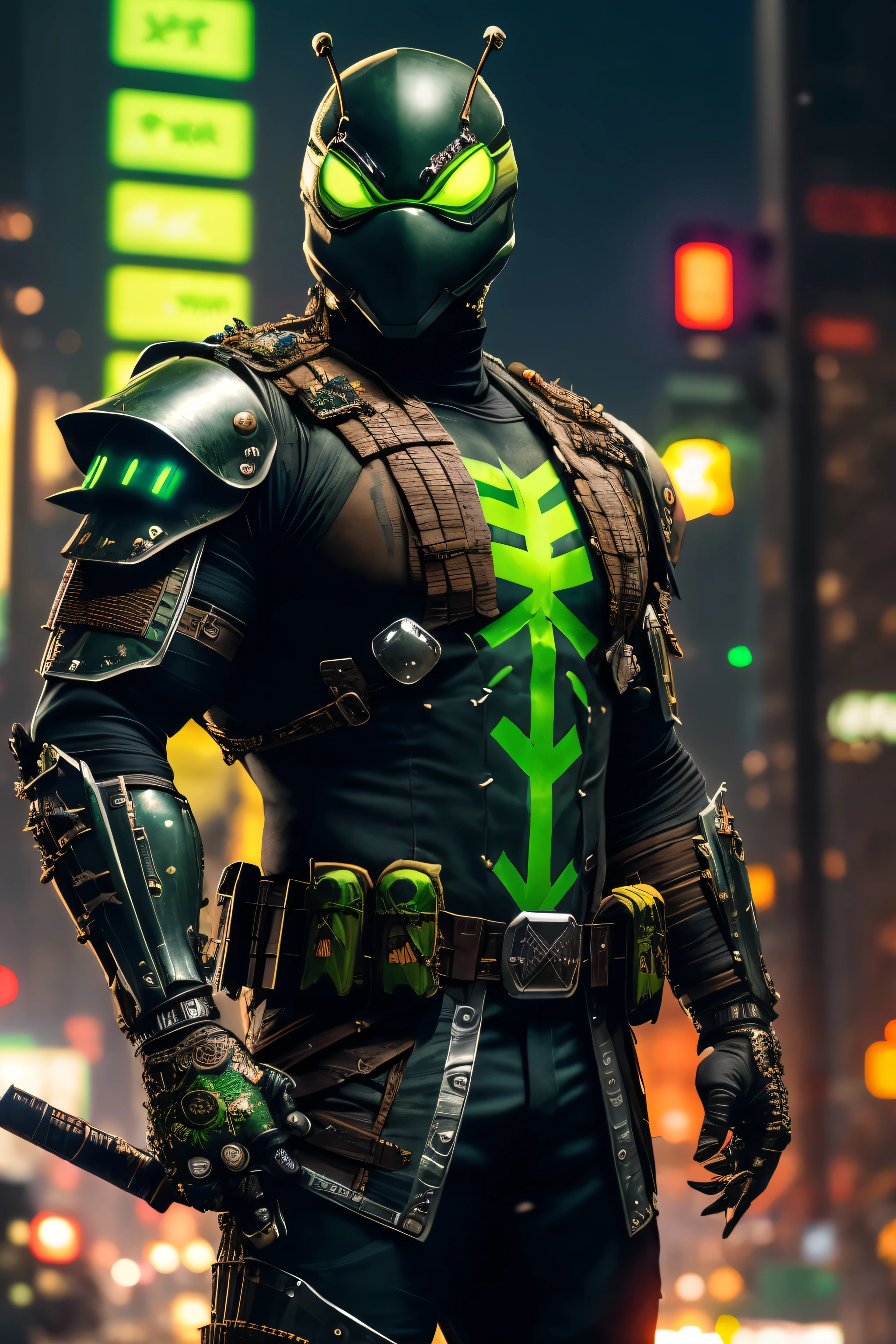 (extremely detailed 8k wallpaper), a medium shot photo of green cyberpunk Grim dressed as a masked ninja turtles in an armour made of metal from marvel, horror theme, intricate, high detail, dramatic