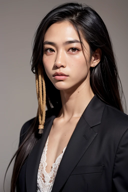 Ulzzang-6500-v1.1, (Raw photo:1.2), (Photorealistic), Huge file sizes, High resolution, Very detailed, highest quality, [masterpiece:1.6], Awareness-raising, Very detailed, nffsw, finely, highest quality, 8K Wallpaper(highest quality, masterpiece),(Half Body Portrait: 1.4),A 50-year-old black American named Kenji Furuya,male性のRAW UHDポートレート写真, Milk chocolate skin, Sunburn, Intricate eye detail, Short dreadlocks, Muscular chest, super high quality, (male:1.7), (Asian:1.5), Modeled, (good looking:1.3), (Big eyes:1.3 ),(dark blown eyes:1.2),  (Black suit:1.3),(office)