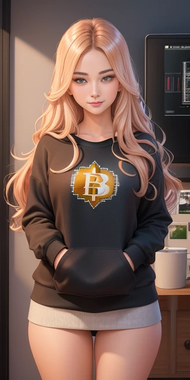 In the world of digital art, this ultra detailed CG illustration of a masterpiece represents the pinnacle of best quality and hyper realistic visuals. The intricately designed pixels depict a Bitcoin logo, rendered with such precision and photorealistic accuracy that it feels like you can reach out and touch the virtual currency. The computer-generated image, a testament to the artist's expertise, showcases the Bitcoin logo on a sweatshirt, with every stitch and texture perfectly represented. The highly detailed CG illustration, a true work of art, carries the weight of a thousand hours of meticulous work and innovation. The sweatshirt, rendered in stunning detail, adds a touch of modernity and edg
