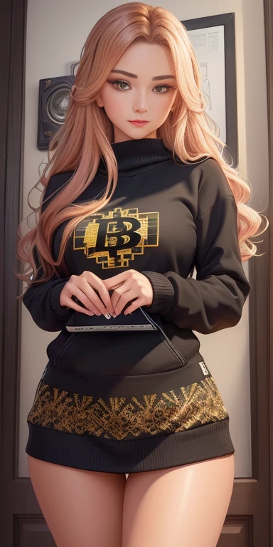 In the world of digital art, this ultra detailed CG illustration of a masterpiece represents the pinnacle of best quality and hyper realistic visuals. The intricately designed pixels depict a Bitcoin logo, rendered with such precision and photorealistic accuracy that it feels like you can reach out and touch the virtual currency. The computer-generated image, a testament to the artist's expertise, showcases the Bitcoin logo on a sweatshirt, with every stitch and texture perfectly represented. The highly detailed CG illustration, a true work of art, carries the weight of a thousand hours of meticulous work and innovation. The sweatshirt, rendered in stunning detail, adds a touch of modernity and edg
