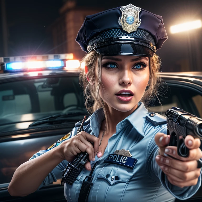 ((Female police officer pointing a gun at the camera: 1.2)), her blouse is very tight, it threatens to open her blouse, tight skirt, gun, fishnet stockings, over the knee boots, gun holster, red long fingernails, long black mascara eyelashes, eye shadow, gloss lipstick, copper blonde long hair, shiny Outfit, V-neck Blouse, in front of a police car, blue light, police cap, energetic facial expression, dynamically dangerous situation, annoyed, licking lips, lens flare, emphasis lines, Eye-Level Shot, Canon, Fujifilm, first-person view, dutch angle, wide shot, atmospheric perspective, cinematic lighting, masterpiece, retina, textured skin, high details