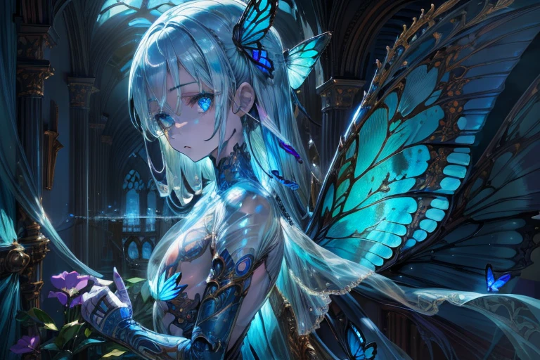girl with blue butterfly wings, (Translucent skin:1.2), No humans, blue hair, partial fused exoskeleton, Beautiful eyes with fine symmetry, (Intricate details:1.4), (Highly detailed face and eyes:1.2), slim figure, many blue spectral butterflies, sensual pose, low angle shot, anime, fantasy, detailed background, 2D, CG, (Highly detailed), (high resolution), (Best quality), (masterpiece)