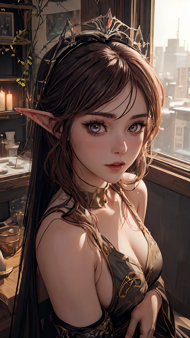 The girl stands and looks at the camera, pixie, elf ears, Beautiful elven ears, Girl in a gothic dress, long dress, floor-length dress, ponytail, High-quality beautiful eyes, Beautiful face, high quality face, dark sky, Thin, Wet waist, a slim body, model appearance, confusion, sexuality, Cute beautiful anime woman, detailed digital anime art, beautiful anime girl, beautiful anime girl, Anime with small details, Best quality, masterpiece, ultra detailed, Beautiful, a high resolution, original,CG 8K ультраrealistic, perfect work of art, Beautiful face, Facial cleanliness, skin, гиперrealistic, ultra detailed, Detailed eye, Dramatic lighting, (realistic) realistic, Full HD, Best quality, Best quality, Beautiful lighting, (8k wallpapers with extremely detailed computer graphics), High detail, sharp focus, The art of dramatic and photorealistic painting., beautiful smile,