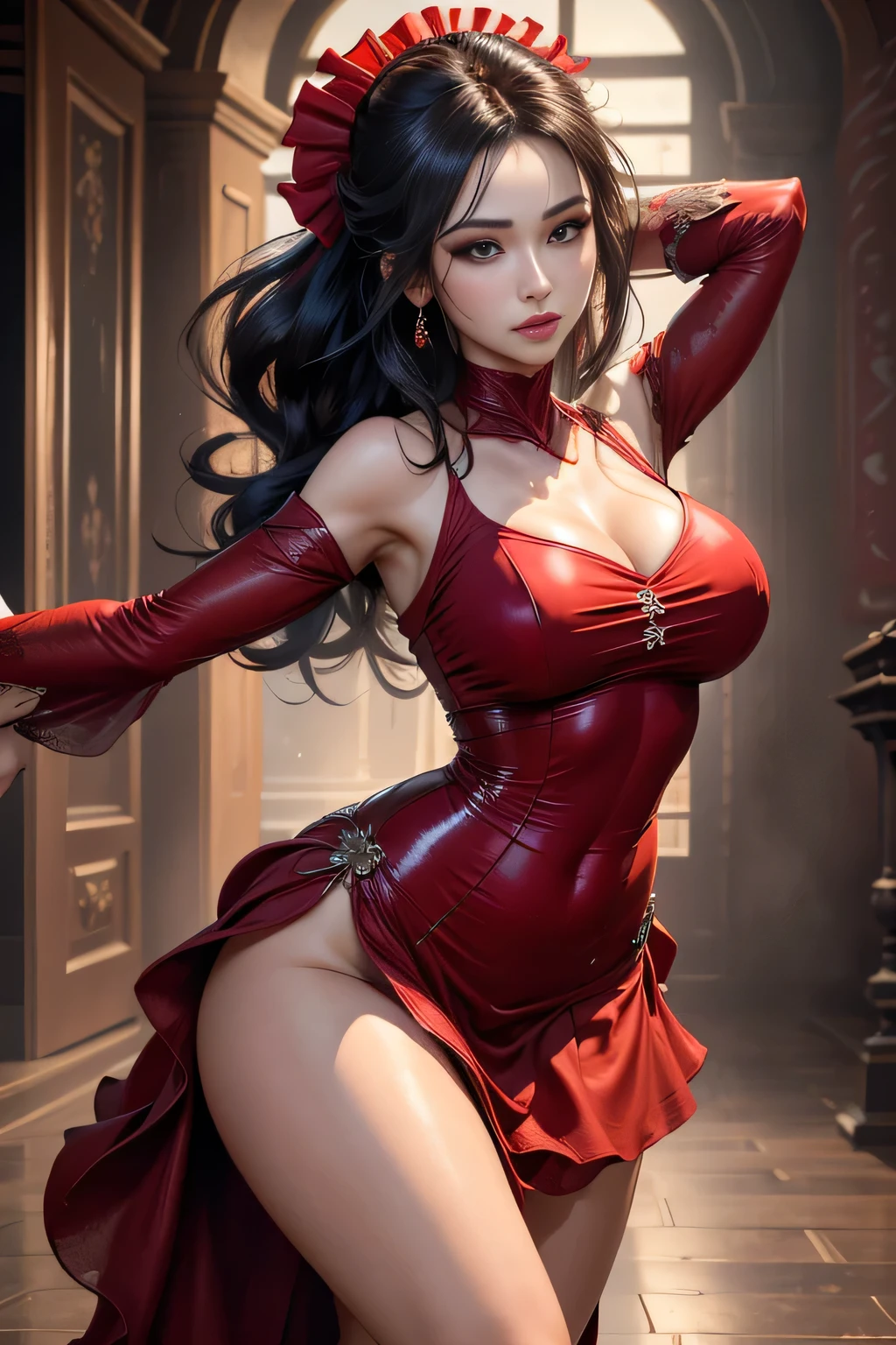 sfw, (skindentation:1.5), Realistic, Photorealistic, (masterpiece:1.5), concept art, intricate details, highly detailed, photorealistic, octane render, 8k, unreal engine, dynamic pose, best quality, highres, (realistic face:1.1), (hyperrealistic:1.1), (((full_body))), perfect eyes,(shiny skin:1.2), perfect hand, extremely detailed background, ((1girl)), ((wearing red long silky dress)), ((detailed eyes, high quality eyes, high quality face)), long black hair, messy ponytail, dramatic, depth of field, bokeh, 4k, ancient ruin, dancer, (((dancing))), long sleeves, (((red long chiffon dress))), turtle neck, bride, ((red veiling)), wearing bra,((skinny waist)), young asian girl, ((big breasted)),