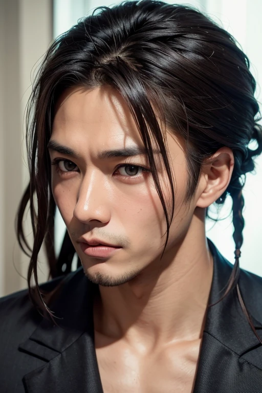 (highest quality, masterpiece),(Half Body Portrait: 1.4),降谷建志という名の50歳の黒人アメリカ人male性のRAW UHDポートレート写真, Milk chocolate skin, Sunburn, Intricate eye detail, Dreadlocks, Muscular chest, super high quality, (male:1.7), (Asian:1.5), Modeled, (good looking:1.3), (Big eyes:1.3 ),(dark blown eyes:1.2),  (Black suit:1.3),(office)