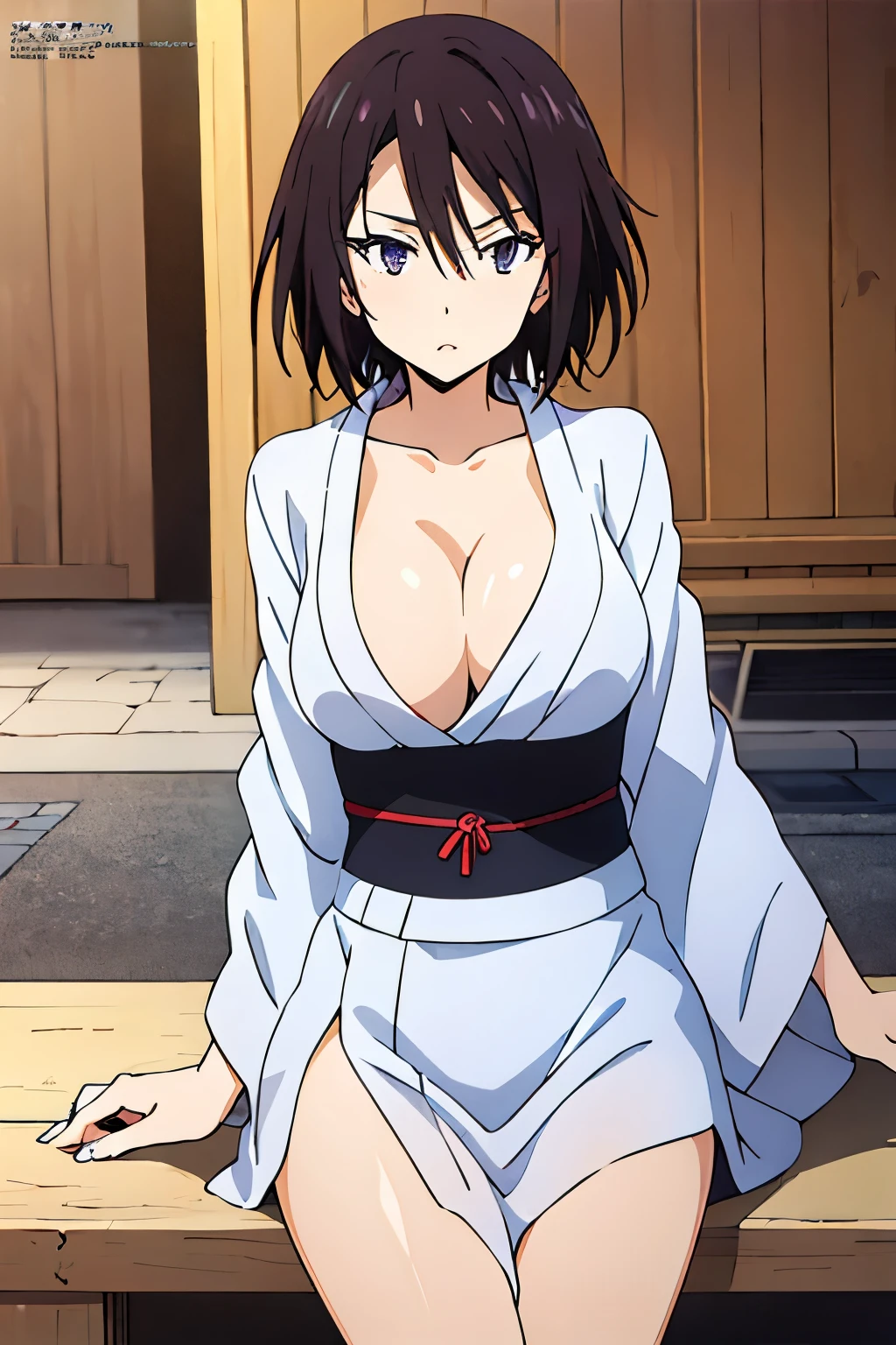 (anime cels style, Masterpiece, best quality, high resolution, anime colored, megami magazine:1.2, anime poster style, sharp, 8k), (beautiful eyes:1.5), sakaguchihinata\(ttigraas\), 1girl, cute, black hair, short hair, large breast, cleavage, (haoli, yukata:1.5), cowboy shot, (sitting, yokozuwari), (perfect detailed anatomy, perfect arms, perfect fingers, beautiful face, perfect body, shiny skin),