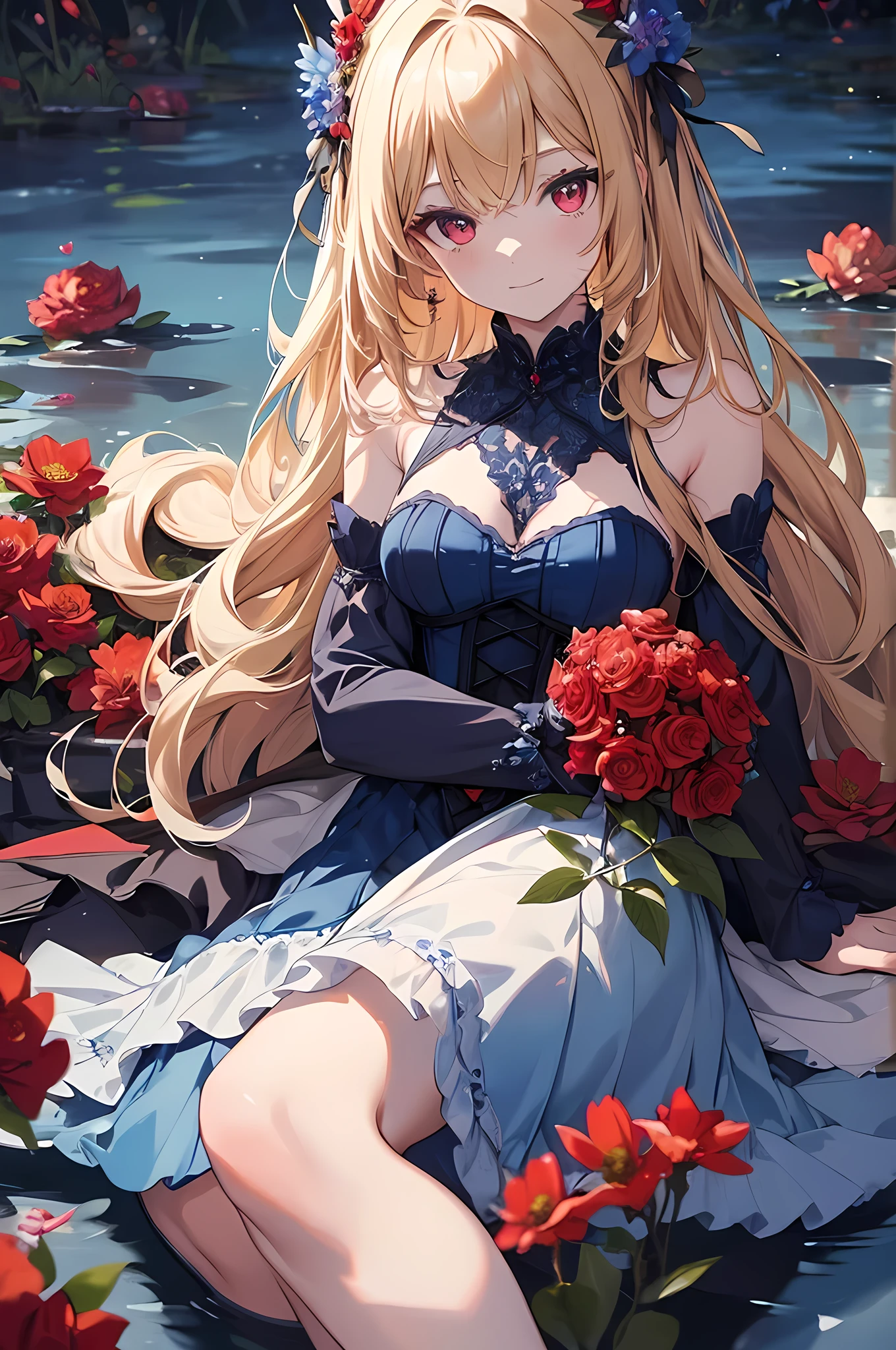 high details, best quality, 16k, RAW, [best detailed], masterpiece, best quality, (extremely detailed), full body, ultra wide shot, photorealistic, dark fantasy art, goth art, RPG art, D&D art, a picture of a dark female fairy resting in a flower meadow, extremely beautiful fairy, ultra feminine (intense details, Masterpiece, best quality), best detailed face (intense details, Masterpiece, best quality), having wide butterfly wings, spread butterfly wings (intense details, Masterpiece, best quality), (blue: 1.5)  colors wings (intense details, Masterpiece, best quality), (blond) hair, long hair, shinning hair, flowing hair, shy smile, innocent smile, (red: 1.3) eyes, dark blue lips, wearing [azure] dress latex corset (intense details, Masterpiece, best quality), dynamic elegant shirt, chocker, wearing (blue: 1.3) high heels, in various shades of red colored flower meadow (intense details, Masterpiece, best quality), (red flowers: 1.2) , (black flowers: 1.2), (white flowers: 1.2), (blue flowers: 1.3) [extreme many flowers] (intense details, Masterpiece, best quality), dark colorful flowers (intense details, Masterpiece, best quality), flower meadow in a dark goth field background, dim light, cinematic light, High Detail, Ultra High Quality, High Resolution, 16K Resolution, Ultra HD Pictures, 3D rendering Ultra Realistic, Clear Details, Realistic Detail, Ultra High Definition, #chinese cloth,