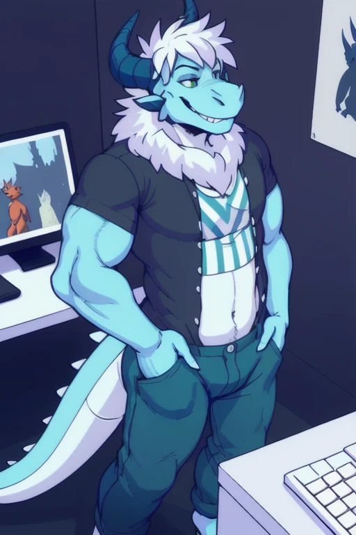 retrospecter,A male light blue skin Anthropomorphic dragon with a cyan color scheme with blue skin and horns that have green ends, and he also has blueish white hair, wearing his outfit shirt and, And some posters and my computer)), hentai, , anthro, male, tall, shortstack , muscular , angle, looking at viewer, background, extremely detailed, photorealistic, 3d render, high quality digital art, smug grin, detailed eyes, ,henati , good dragon anatomy, good perspective towards viewer, by bebebebebe, by sicklyhypnos, by gerkk, by orf, (by by cutesexyrobutts, by darkgem, by zackary911, (by by singafurian, by daftpatriot, sassy, cute, early 20s, detailed face, handsome, slightly chubby and big muscles , face, detailed mouth, hentai style, shirtless, sfw, show off , anthro, male, short, shortstack,, muscular, standing, angle, looking at viewer, background, extremely detailed, photorealistic, 3d render, high quality digital art,smug grin, detailed eyes, good anatomy, good perspective, by bebebebebe, by sicklyhypnos, by gerkk, by orf, (by mawmain:0.8), by cutesexyrobutts, by darkgem, by zackary911, (by tofu-froth:1.3), by singafurian, by daftpatriot,sassy, detailed face, handsome, big chest, day, sexy, sensual, detailed, uploaded to e621, beautiful and detailed portrait, ruan jia, uploaded to e621, zaush, foxovh, movie lighting,, muscular toned, ((indoors A male Anthropomorphic with a cyan color scheme with blue skin and horns that have green ends, and he also has blueish white hair, green eyes, muscular,
In a bedroom wearing his favorite shirt and pants wearing clothing, And some posters and my computer, light blue sikn)),