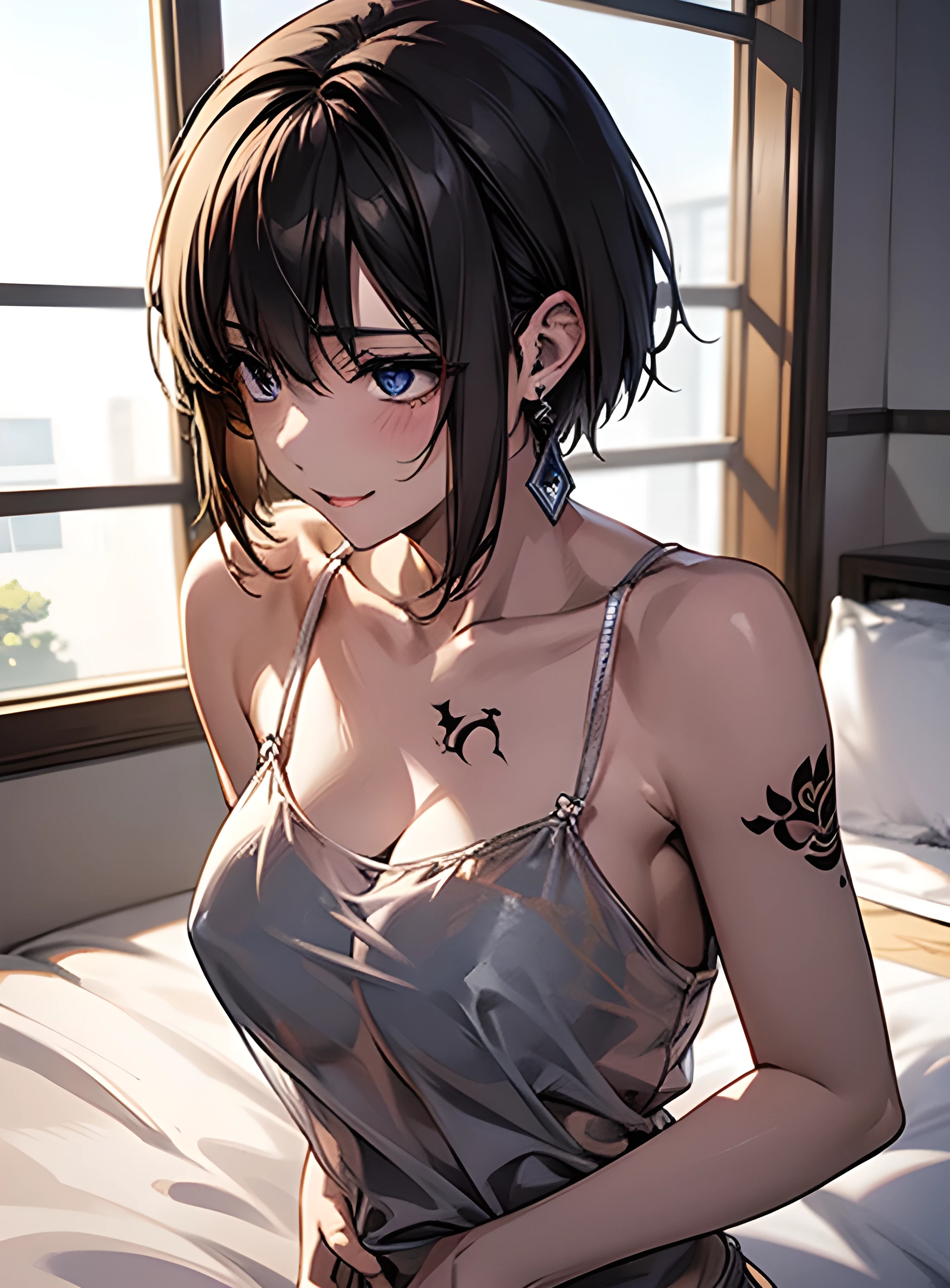 Attractive breasts、Beautiful and attractive anime woman, Enchanting anime girl, Top rated on pixiv、Short Bob、Healthy Body、Are you okay、Laughter、See-through underwear、Earrings、Tattoo all over the back、Short Bob、Quiet、Inconspicuous