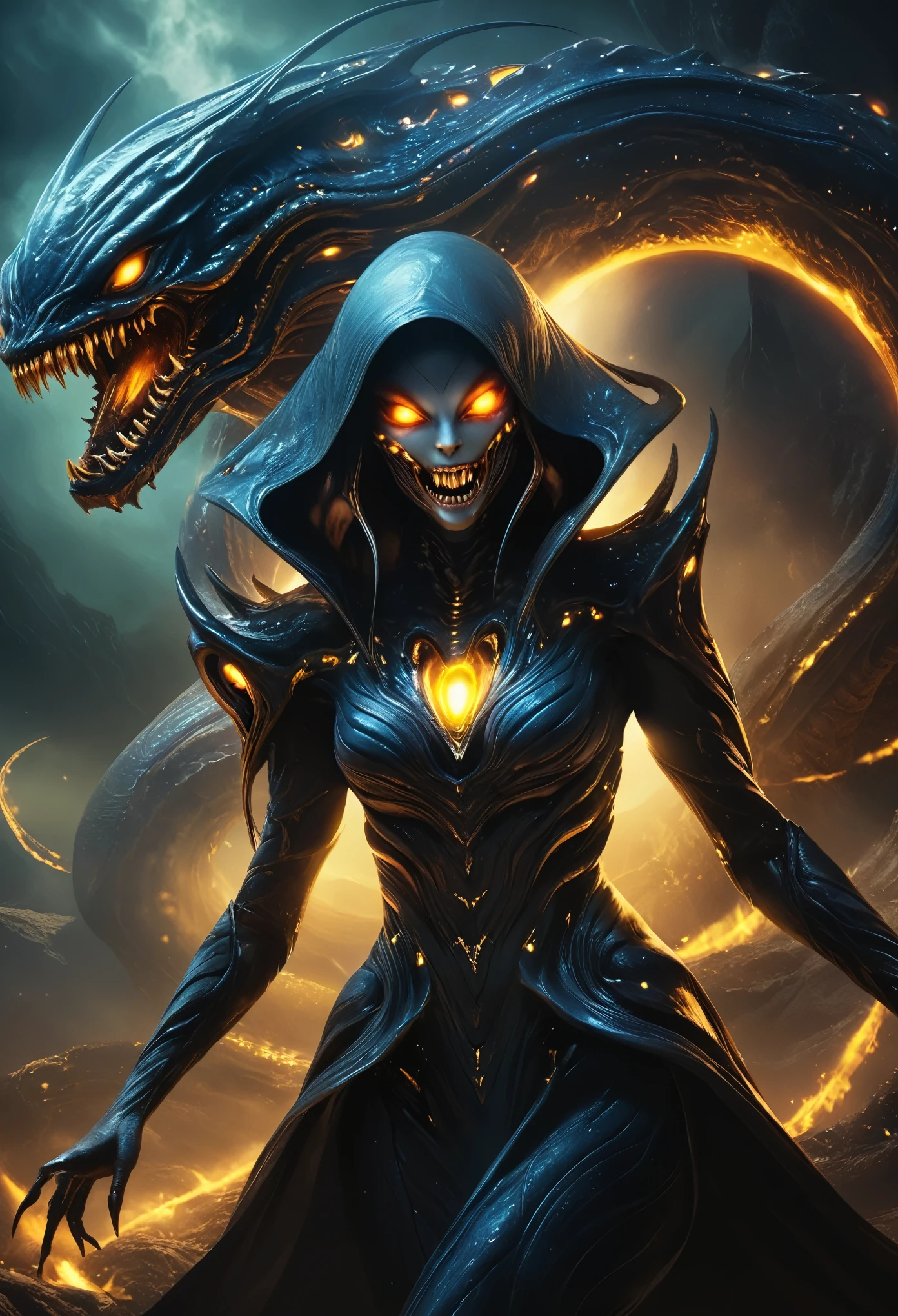 (best quality,highres,ultra-detailed:1.2),terrifying female alien,otherworldly portrait,nightmarish beauty,horrifying gaze,extraterrestrial creature,sharp teeth,glowing eyes,sinister smile,serpentine body,deadly claws,dark atmosphere,alien landscape,ominous lighting,vivid colors,horror,sci-fi,cosmic horror, (NSFW:1.5), a lot of eyes,