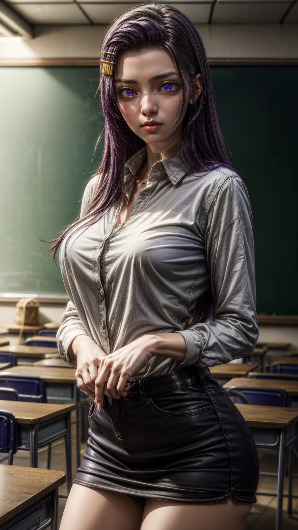 sayuriakino, sayuri akino, long hair, hair ornament, hairclip, purple hair, (purple eyes:1.1), (forehead:1.2),
BREAK shirt, white shirt, collared shirt, sweater, black sweater, large breasts, thick thighs, curvy hips 
BREAK indoors, classroom,
BREAK looking at viewer, (cowboy shot:1.5),
BREAK (masterpiece:1.2), best quality, high resolution, unity 8k wallpaper, (illustration:0.8), (beautiful detailed eyes:1.6), extremely detailed face, perfect lighting, extremely detailed CG, (perfect hands, perfect anatomy),