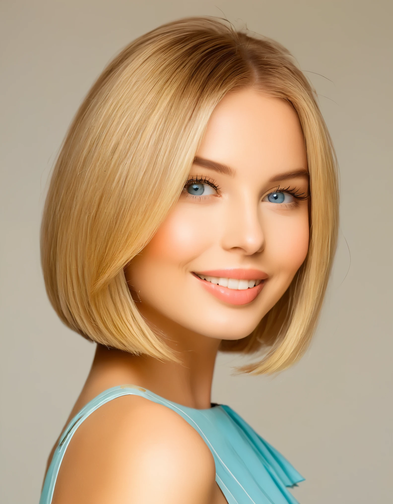 1girl, bellissima, solo, she is a radiant young woman with a classic blonde bob that frames her face perfectly. Her hair is a soft shade of golden blonde, cut in a sleek and smooth bob that ends just above her shoulders. The simplicity of her hairstyle accentuates her expressive features, particularly her bright blue eyes and her gentle smile, which has a way of lighting up the room.