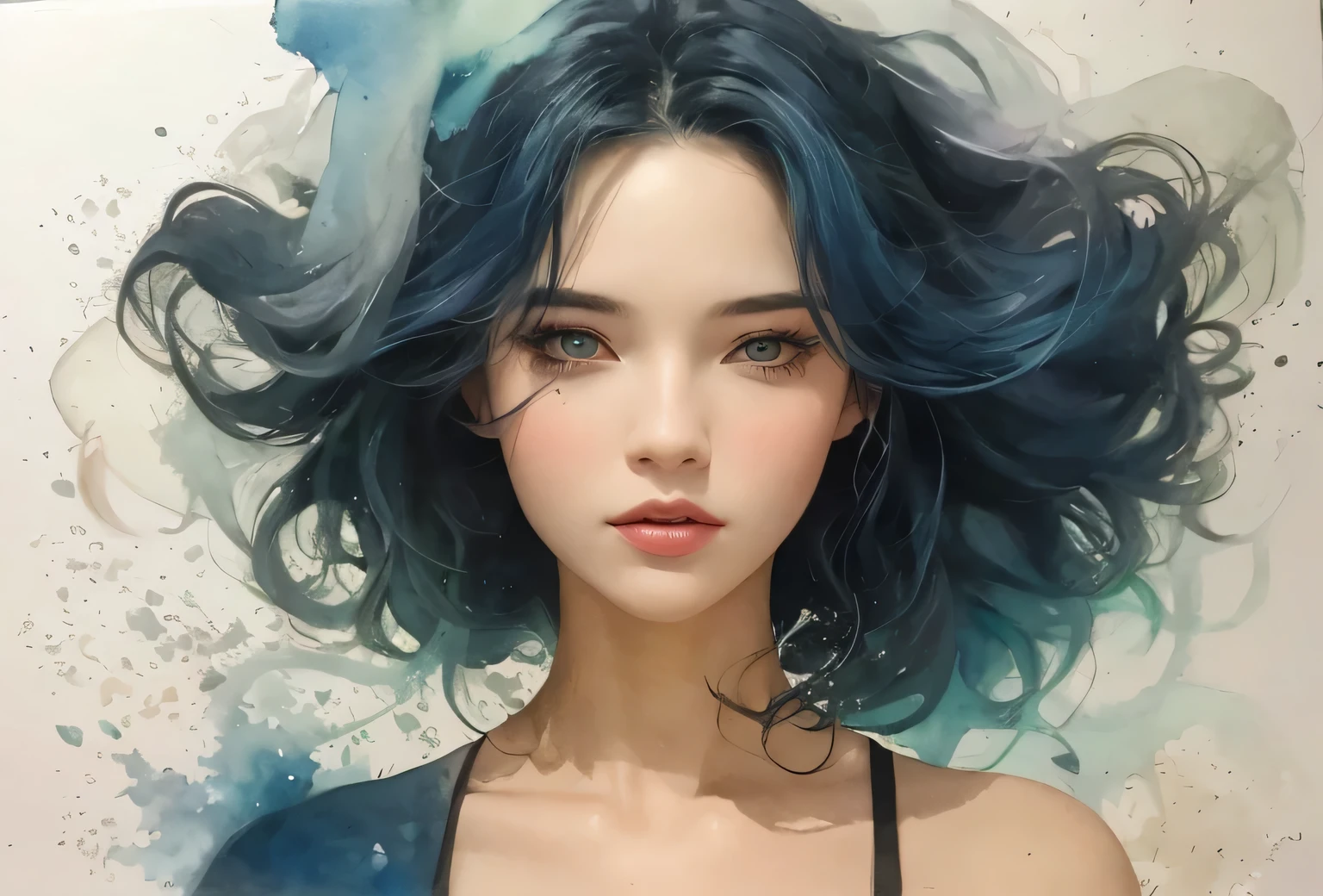 a watercolor painting of a woman with long black hair and a black dress, 2 girl with blue hair, style of charlie bowater, jen bartel, in style of charlie bowater, woman with flat hair, in style of anna dittmann, charlie bowater rich deep colors, inspired by Jeremiah Ketner, Inspired by Harumi Hiỉonaka, golden ratio. 