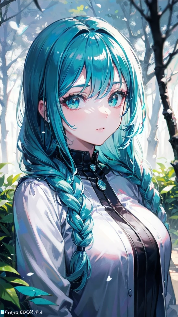 RAW, professional photograph, medium shot, photorealistic, hyper-realistic, ray tracing, super detail, UHD, 8k, female, twenty years old, athletic body, soft facial features, long braided hair, Celtic hairstyle, straight hair, cyan hair, cyan eyes, Celtic clothing, forest in winter, sharp image