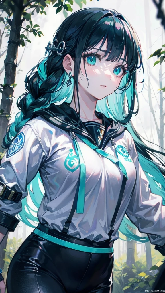 RAW, professional photograph, medium shot, photorealistic, hyper-realistic, ray tracing, super detail, UHD, 8k, female, twenty years old, athletic body, soft facial features, long braided hair, Celtic hairstyle, straight hair, cyan hair, cyan eyes, Celtic clothing, forest in winter, sharp image
