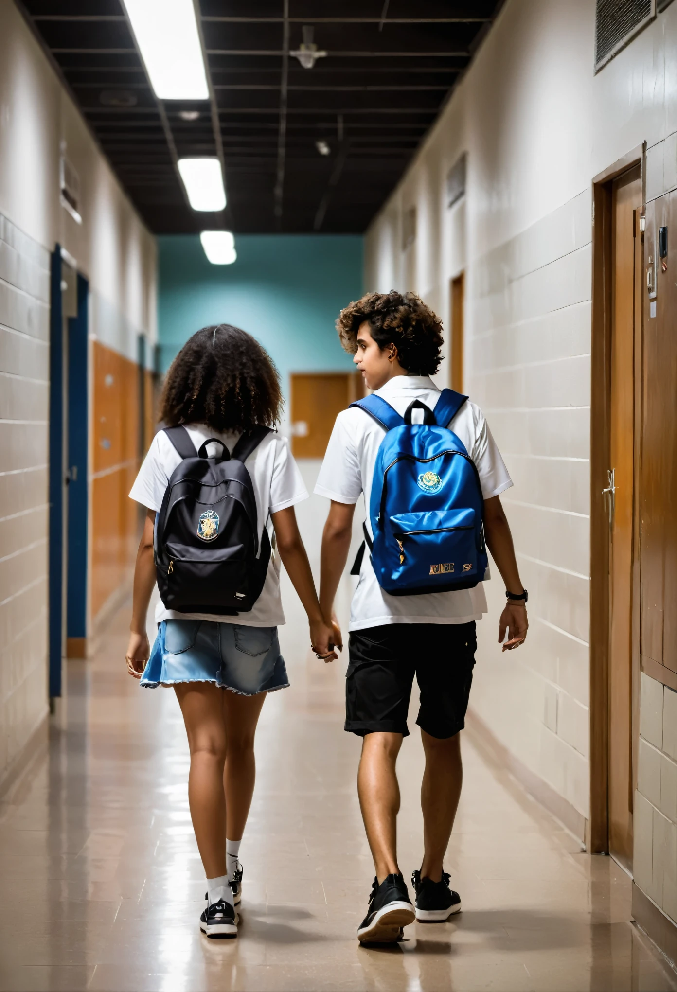 A noite. Two friends walking in the school hallway towards the exit. Ambas de cabelo escuro. Uma mexe no celular outra na mochila