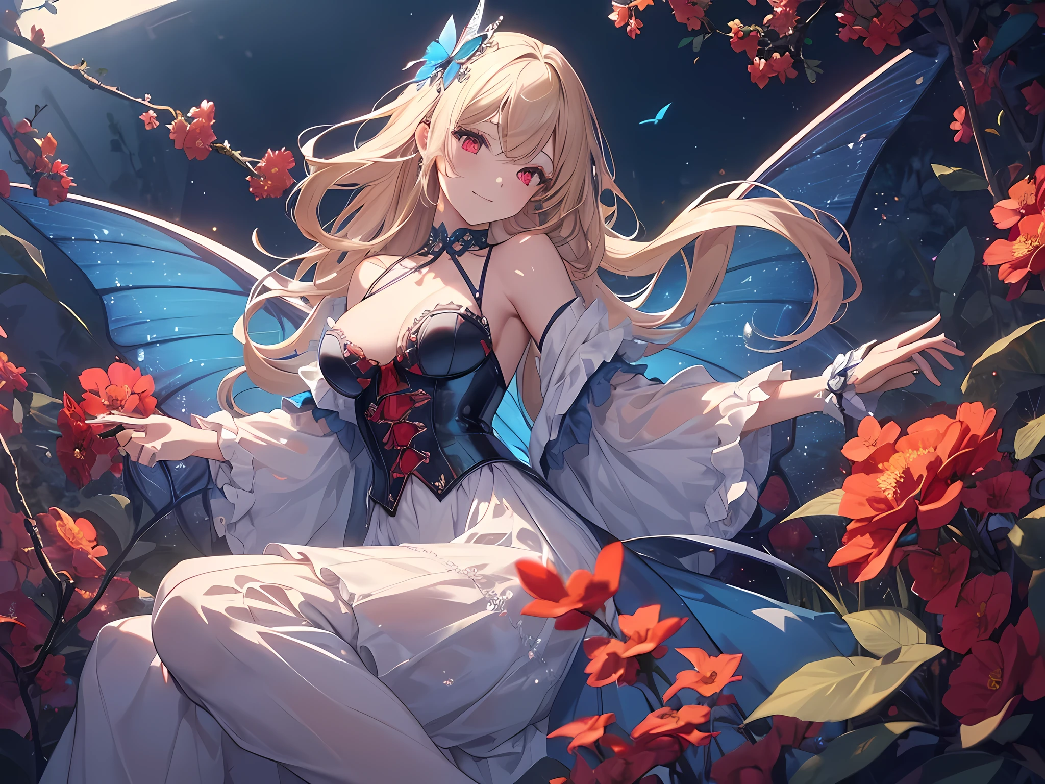 high details, best quality, 16k, RAW, [best detailed], masterpiece, best quality, (extremely detailed), full body, ultra wide shot, photorealistic, dark fantasy art, goth art, RPG art, D&D art, a picture of a dark female fairy resting in a flower meadow, extremely beautiful fairy, ultra feminine (intense details, Masterpiece, best quality), best detailed face (intense details, Masterpiece, best quality), having wide butterfly wings, spread butterfly wings (intense details, Masterpiece, best quality), (blue: 1.5)  colors wings (intense details, Masterpiece, best quality), (blond) hair, long hair, shinning hair, flowing hair, shy smile, innocent smile, (red: 1.3) eyes, dark blue lips, wearing [azure] dress latex corset (intense details, Masterpiece, best quality), dynamic elegant shirt, chocker, wearing (blue: 1.3) high heels, in various shades of red colored flower meadow (intense details, Masterpiece, best quality), (red flowers: 1.2) , (black flowers: 1.2), (white flowers: 1.2), (blue flowers: 1.3) [extreme many flowers] (intense details, Masterpiece, best quality), dark colorful flowers (intense details, Masterpiece, best quality), flower meadow in a dark goth field background, dim light, cinematic light, High Detail, Ultra High Quality, High Resolution, 16K Resolution, Ultra HD Pictures, 3D rendering Ultra Realistic, Clear Details, Realistic Detail, Ultra High Definition, #chinese cloth,