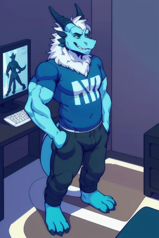 retrospecter,A male light blue skin Anthropomorphic dragon with a cyan color scheme with blue skin and horns that have green ends, and he also has blueish white hair, wearing his outfit shirt and, And some posters and my computer)), hentai, , anthro, male, tall, shortstack , muscular , angle, looking at viewer, background, extremely detailed, photorealistic, 3d render, high quality digital art, smug grin, detailed eyes, ,henati , good dragon anatomy, good perspective towards viewer, by bebebebebe, by sicklyhypnos, by gerkk, by orf, (by by cutesexyrobutts, by darkgem, by zackary911, (by by singafurian, by daftpatriot, sassy, cute, early 20s, detailed face, handsome, slightly chubby and big muscles , face, detailed mouth, hentai style, shirtless, sfw, show off , anthro, male, short, shortstack,, muscular, standing, angle, looking at viewer, background, extremely detailed, photorealistic, 3d render, high quality digital art,smug grin, detailed eyes, good anatomy, good perspective, by bebebebebe, by sicklyhypnos, by gerkk, by orf, (by mawmain:0.8), by cutesexyrobutts, by darkgem, by zackary911, (by tofu-froth:1.3), by singafurian, by daftpatriot,sassy, detailed face, handsome, big chest, day, sexy, sensual, detailed, uploaded to e621, beautiful and detailed portrait, ruan jia, uploaded to e621, zaush, foxovh, movie lighting,, muscular toned, ((indoors A male Anthropomorphic with a cyan color scheme with blue skin and horns that have green ends, and he also has blueish white hair, green eyes, muscular,
In a bedroom wearing his favorite shirt and pants wearing clothing, And some posters and my computer, light blue sikn)),