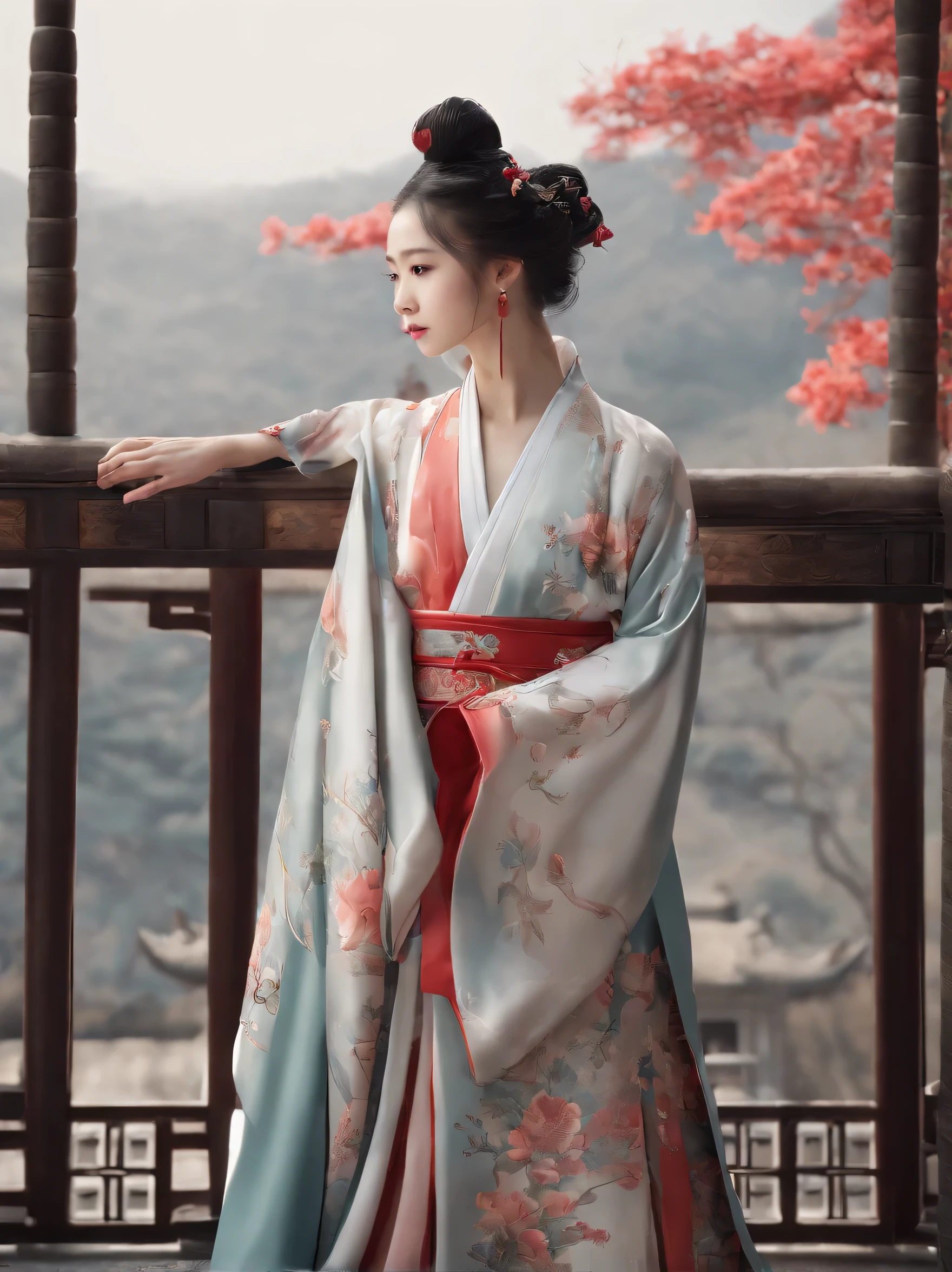 there are many people standing on a balcony of a building, a picture inspired by Gu An, trending on cg society, realism, hanfu, wearing ancient chinese clothes, palace , a girl in hanfu, ancient chinese beauties, traditional chinese clothing, with acient chinese clothes, wearing ornate silk clothes, cinematic. by leng jun, chinese style, portrait shot