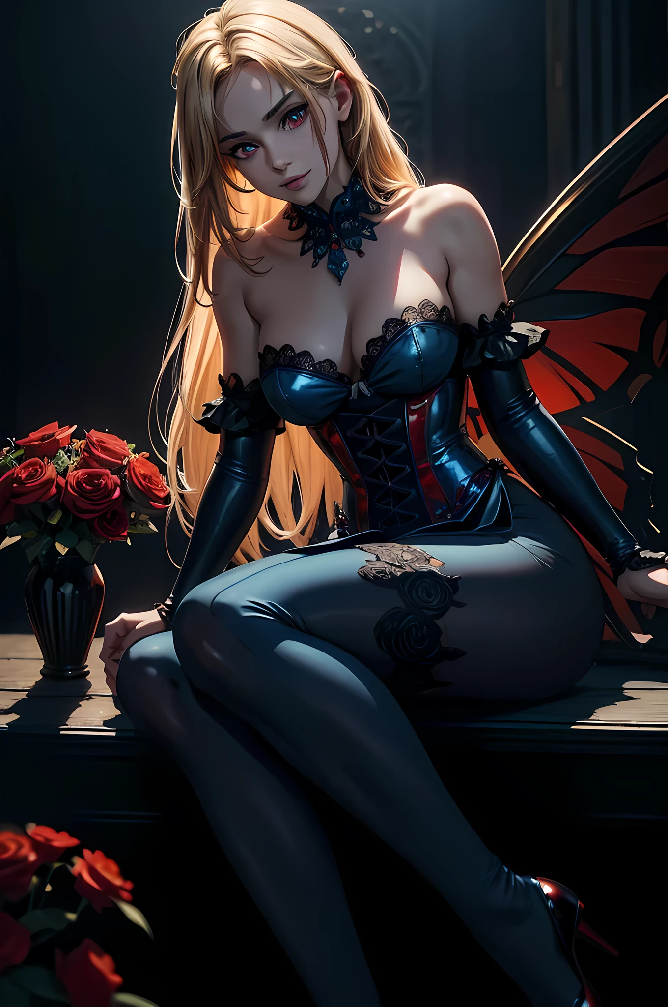 high details, best quality, 16k, RAW, [best detailed], masterpiece, best quality, (extremely detailed), full body, ultra wide shot, photorealistic, dark fantasy art, goth art, RPG art, D&D art, a picture of a dark female fairy resting in a flower meadow, extremely beautiful fairy, ultra feminine (intense details, Masterpiece, best quality), best detailed face (intense details, Masterpiece, best quality), having wide butterfly wings, spread butterfly wings (intense details, Masterpiece, best quality), (blue: 1.5)  colors wings (intense details, Masterpiece, best quality), (blond) hair, long hair, shinning hair, flowing hair, shy smile, innocent smile, (red: 1.3) eyes, dark blue lips, wearing [azure] dress latex corset (intense details, Masterpiece, best quality), dynamic elegant shirt, chocker, wearing (blue: 1.3) high heels, in various shades of red colored flower meadow (intense details, Masterpiece, best quality), (red flowers: 1.2) , (black flowers: 1.2), (white flowers: 1.2), (blue flowers: 1.3) [extreme many flowers] (intense details, Masterpiece, best quality), dark colorful flowers (intense details, Masterpiece, best quality), flower meadow in a dark goth field background, dim light, cinematic light, High Detail, Ultra High Quality, High Resolution, 16K Resolution, Ultra HD Pictures, 3D rendering Ultra Realistic, Clear Details, Realistic Detail, Ultra High Definition, #chinese cloth,