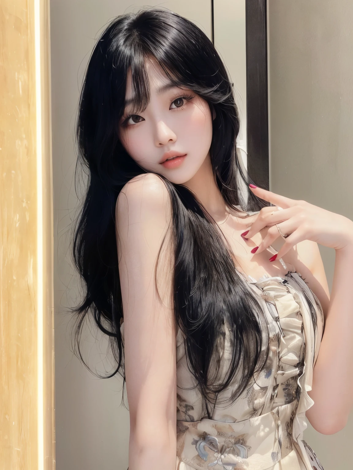 Araffe asian woman with long black hair posing for a photo, ulzzang, hermosa joven coreana, hermosa mujer surcoreana, muchacha coreana, pelo largo con flequillo, pelo largo y negro con flequillo, pelo largo con flequillo completo, hermosa joven coreana, ella tiene el pelo negro con flequillo, asian girl with long hair, pelo largo y oscuro con flequillo