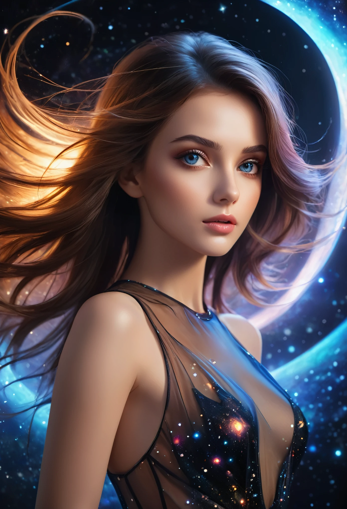 ((space, Distant stars), (Fantastic image, very beautiful - space girl), (1 girl; 1.3), (Face. figure))). ((Graceful forms. Graceful girl). (high quality), (stylization - animation, realism). (Dark cool colors mixed with warm shades). (angel girl), (photorealistic, Cinematic picture), (high detail, complete black hole, 8K. dynamic expressive image)). ((Very detailed eyes and face))), Beautiful detailed eyes. masterpiece, Best quality, full length portrait, amazing beauty, dynamic pose, нежное Face, and bright eyes)). ((She wears transparent, semi-sheer dress, emphasizing a slim figure). (She's an angel, descended into the underworld. She's a savior, light in the dark kingdom, radiating a soft glow. High detail, Other worlds, light of distant stars), (detail, high quality), (Muffled light, dark environments - the spooky cinematic setting is great)). ((Girl with white skin, realistic detailed skin, clear focus, volumetric mist near the floor, 8K, UHD, SLR camera, high quality, granularity. photorealism, lomography, fantastic dark art, Utopian reality)). ((готическое Face, gothic horror atmosphere, зловещая gothic aesthetics), (gothic art style, creepy gothic portrait, dark fantasy, mixed with realism, gothic aesthetics)).((Realistic black leather)).