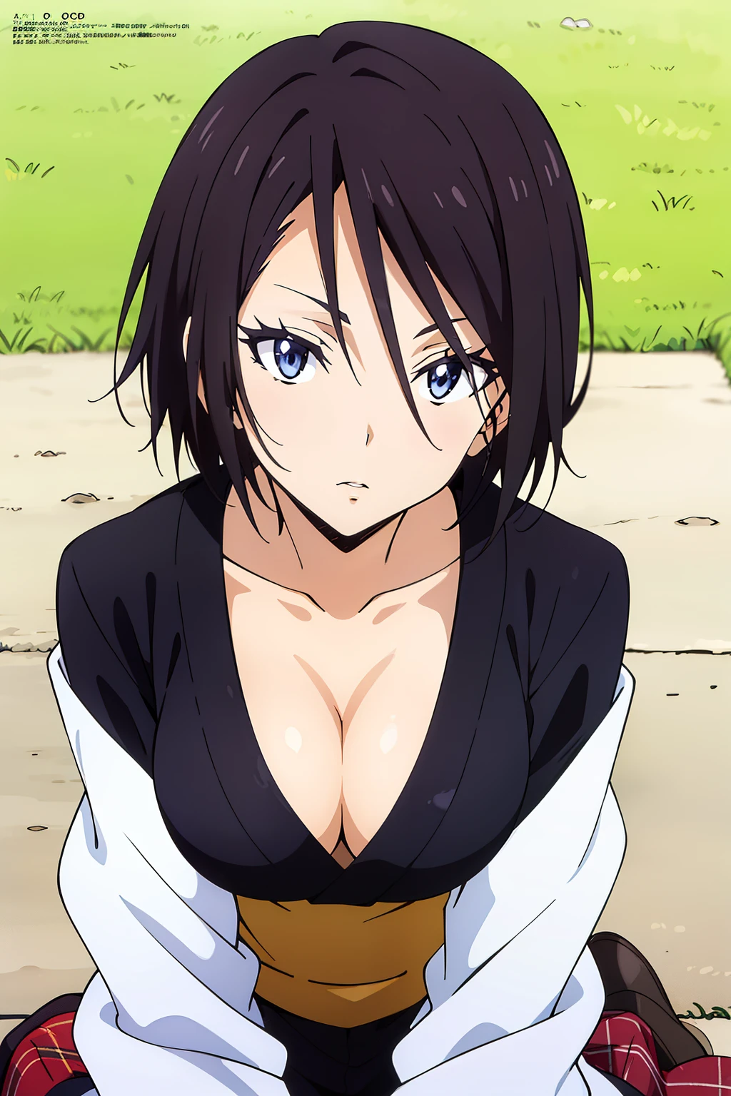 (anime cels style, Masterpiece, best quality, high resolution, anime colored, megami magazine:1.2, anime poster style, anime keyvisual, sharp, 8k, photorealistic), (beautiful eyes:1.5), sakaguchihinata\(ttigraas\), 1girl, cute, black hair, short hair, large breast, cleavage, (yukata:1.5, undressing), upper body, (sitting, yokozuwari), (perfect detailed anatomy, perfect arms, perfect fingers, beautiful face, perfect body, shiny skin), 