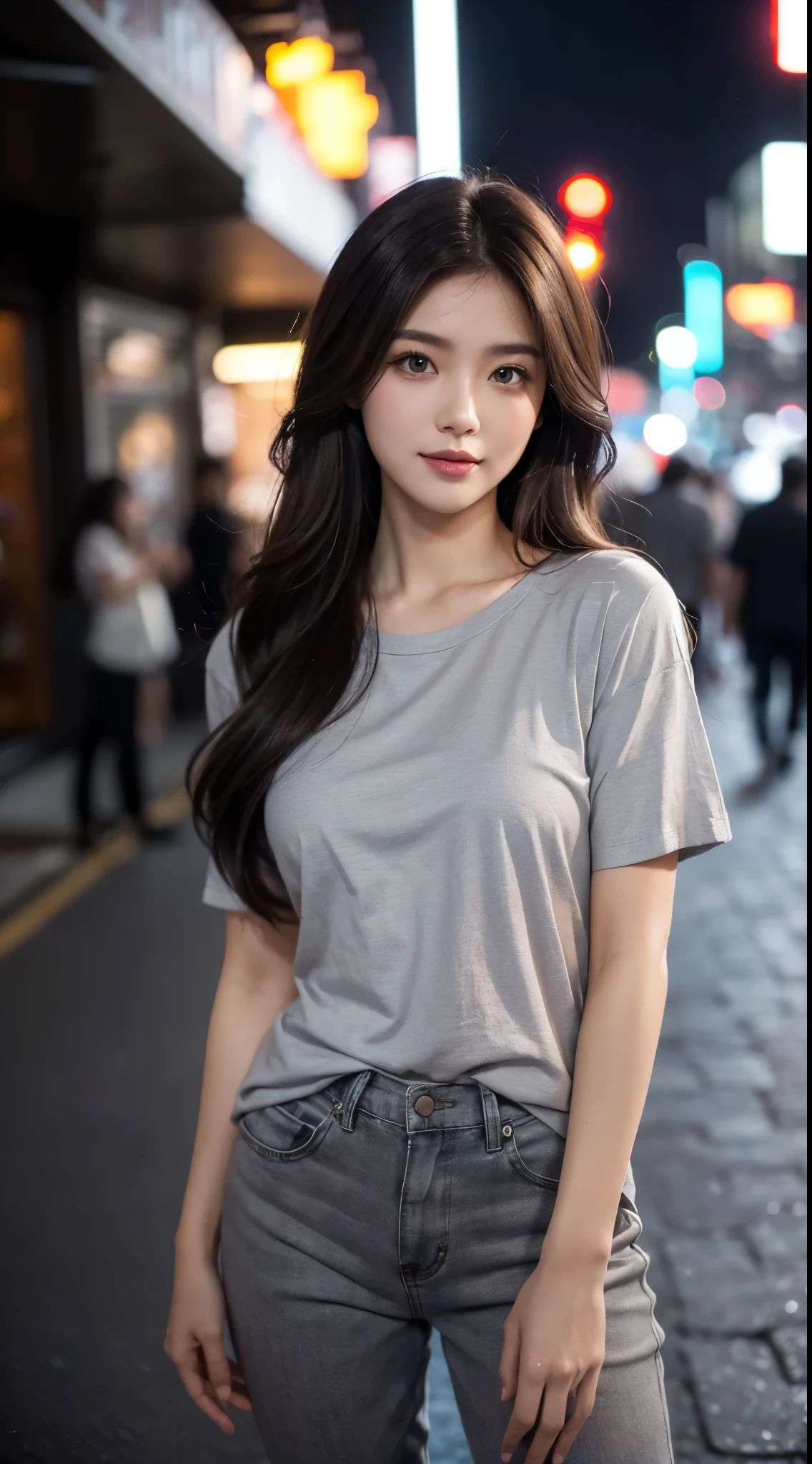 ((best quality, 8K, masterpiece:1.3, medium shot photo:1.5, )),
beautiful female figure:1.4, sexy body, small breast,oval face shape, detailed eyes, smile,very detailed facial and skin texture,double eyelid,1girl,cinematic light,
((Long layered slightly wavy hair style, dark hair color)),
(wearing casual tshirt, grey casual shirt, cotton material casual shirt), pose fancy, on the night street , dark, blurr background,standing,body facing the camera:1.2, all body in frame,body position in front of the camera, eyes looking straight,