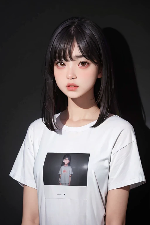 masterpiece, best quality, (dark photo:1.3), photorealistic, 1girl, flat bangs, stunning innocent symmetry face, shirt, emotional, ulzzang, (PureErosFace_V1:0.7)