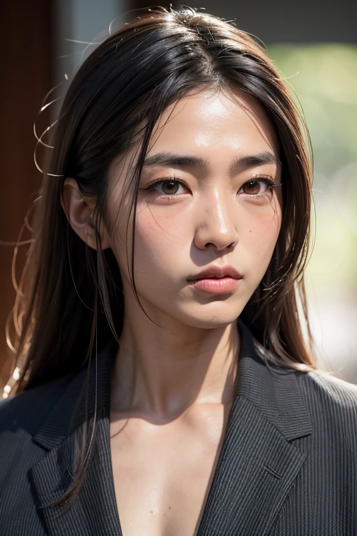 Ulzzang-6500-v1.1, (Raw photo:1.2), (Photorealistic), Huge file sizes, High resolution, Very detailed, highest quality, [masterpiece:1.6], Awareness-raising, Very detailed, nffsw, finely, highest quality, 8K Wallpaper(highest quality, masterpiece),(Half Body Portrait: 1.4),A 50-year-old black American named Kenji Furuya,male性のRAW UHDポートレート写真, Milk chocolate skin, Sunburn, Intricate eye detail, Short dreadlocks, Muscular chest, super high quality, (male:1.9), (Asian:1.7), Modeled, (good looking:1.3), (Big eyes:1.3 ),(dark blown eyes:1.2),  (Black suit:1.3),(office)