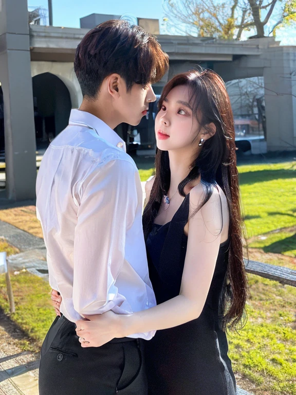 realistic, 8K, masterpiece, RAW photos, best quality, realistic, extremely detailed CG unity 8K wallpaper, depth of field, (very beautiful face, beautiful lips, beautiful eyes), A face with intricate details, ((highly detailed skin)) high quality, Portrait of a 20-year-old Korean man wearing a shirt and pants(In the middle) And one idol girl wearing a sleeveless black dress and pantyhose., standing, perfectly balanced, intimate, lover, close to each other, complete ???????, perfect background, perfect face, perfect body, detailed face, look at the camera, University Campus Background, people passing by