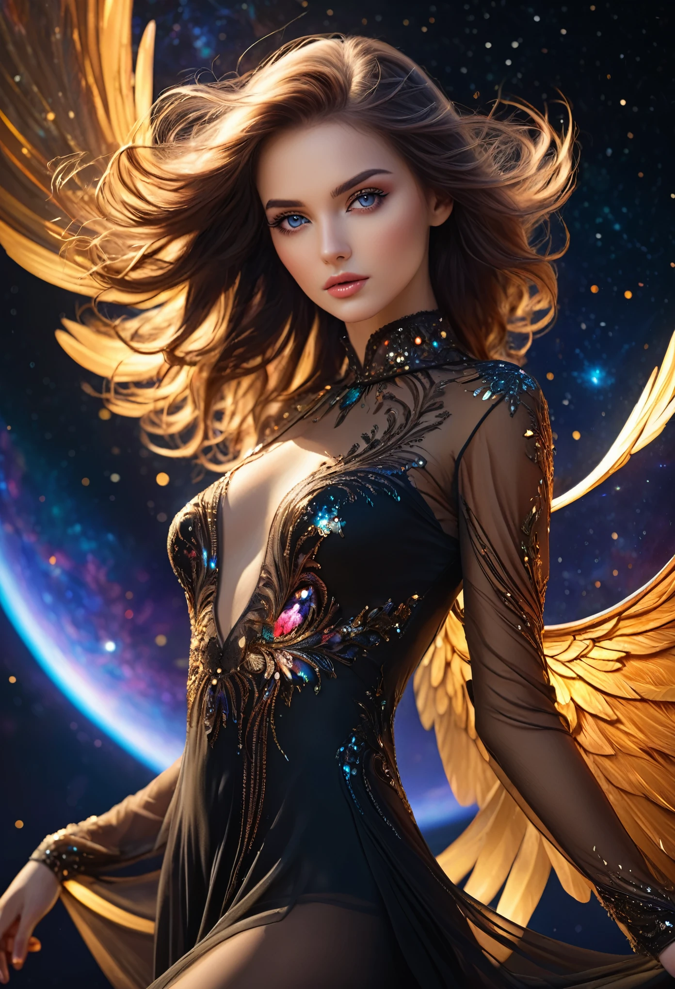 ((space, Distant stars), (Fantastic image, very beautiful - space girl), (1 girl; 1.3), (Face. figure))). ((Graceful forms. Graceful girl). (high quality), (stylization - animation, realism). (Dark cool colors mixed with warm shades). (angel girl), (photorealistic, Cinematic picture), (high detail, complete black hole, 8K. dynamic expressive image)). ((Very detailed eyes and face))), Beautiful detailed eyes. masterpiece, Best quality, full length portrait, amazing beauty, dynamic pose, нежное Face, and bright eyes)). ((She wears transparent, semi-sheer dress, emphasizing a slim figure). (She's an angel, descended into the underworld. She's a savior, light in the dark kingdom, radiating a soft glow. High detail, Other worlds, light of distant stars), (detail, high quality), (Muffled light, dark environments - the spooky cinematic setting is great)). ((Girl with white skin, realistic detailed skin, clear focus, volumetric mist near the floor, 8K, UHD, SLR camera, high quality, granularity. photorealism, lomography, fantastic dark art, Utopian reality)). ((готическое Face, gothic horror atmosphere, зловещая gothic aesthetics), (gothic art style, creepy gothic portrait, dark fantasy, mixed with realism, gothic aesthetics)).((Realistic black leather)).