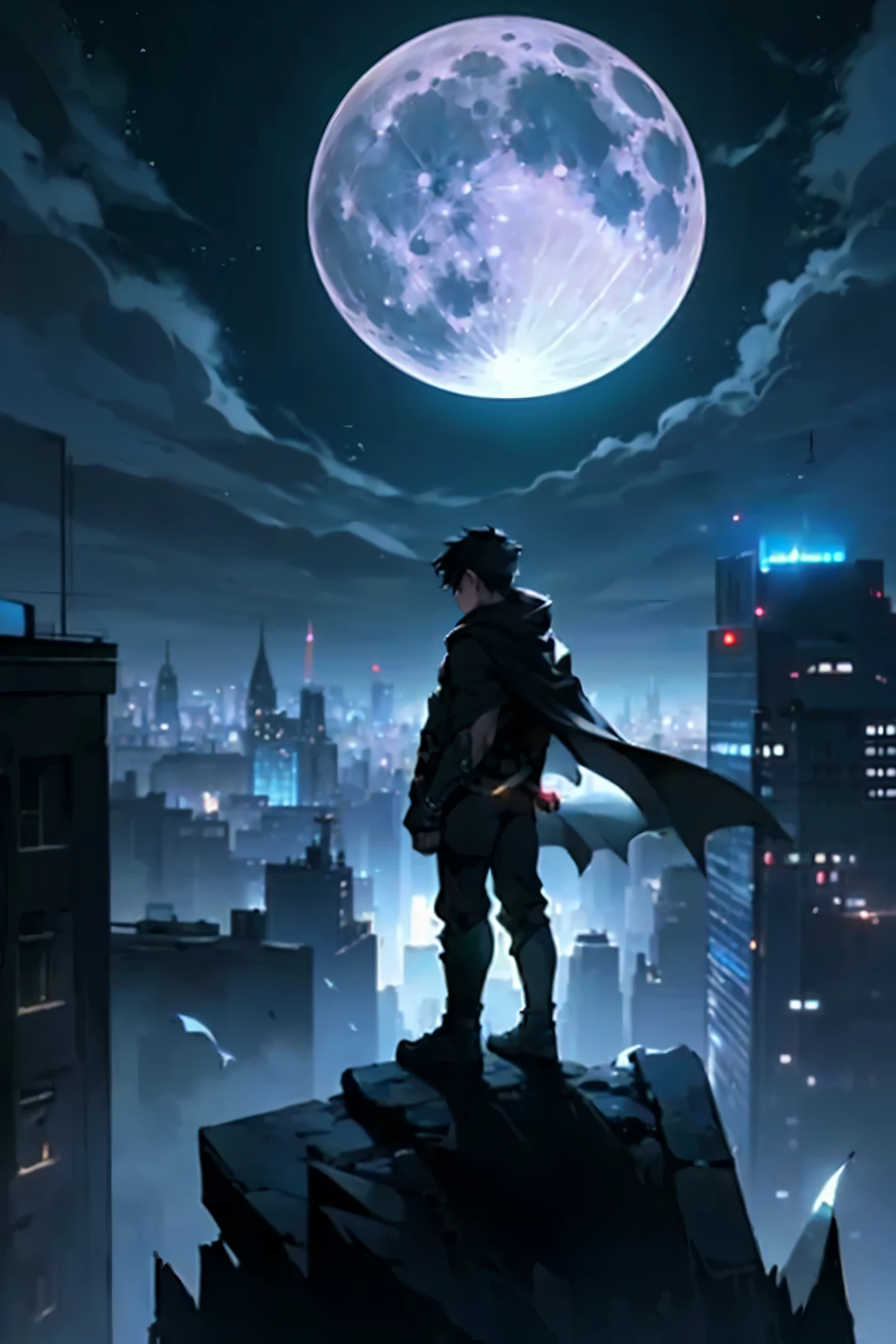 (black cape),(young teenager),(boy),(observing),(full moon),(on top of a building),(nighttime),(mysterious skyline),(city lights),(shadows),(silhouette),(rugged urban landscape),(cool breeze),(mystical atmosphere),(mysterious mood),(dark aura),(ethereal),(moonlit scene),(dramatic perspective),(loneliness),(curiosity),(Marvel-like),(supernatural powers),(superhero vibes),(inspiring view),(no fear),(brave hero),(innocent eyes),(intense gaze),(majestic),(enchanted by the night),(peaceful solitude),(inner strength),(hidden depths),(youthful vigor),(fearless spirit),(captivating),(solitary figure),(awe-inspiring),(captivating beauty),(dreamlike),(magical),(timeless),(determined stance),(fascinating),(unforgettable),(prominent),(adventurous spirit),(thrilling),(elegant),(spellbinding). (best quality, highres, ultra-detailed, realistic, vibrant colors, dramatic lighting)