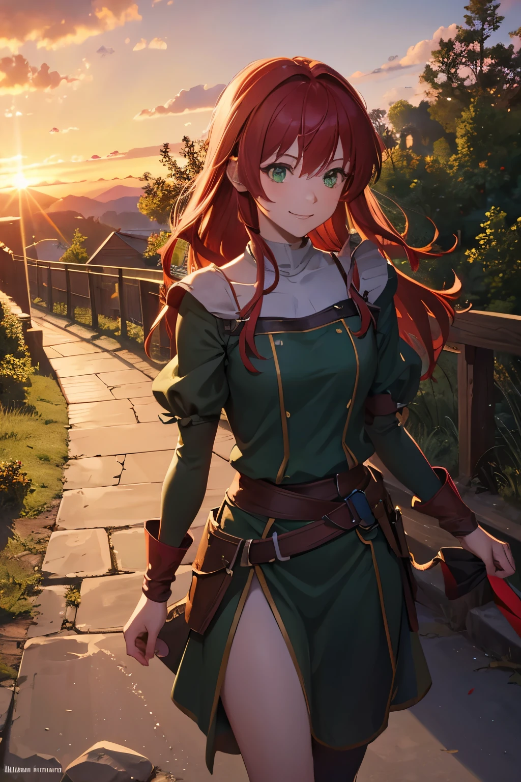 8k wallpaper, masterpiece, movie lighting, medieval setting, Beautiful female rogue with red hair and greenish eyes walking on a winding road with a smile on her face, sunrise with clear skies background