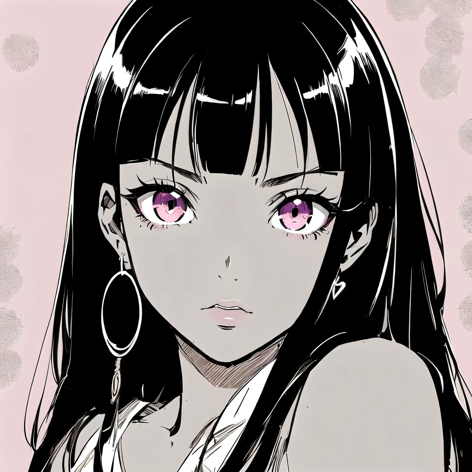 a close up of a woman with long hair and big earrings, nico robin, black anime manga girl, black hair and large pink eyes, hinata hyuga, black anime pupils in her eyes, 1 7 - year - old anime goth girl, seductive anime girl, pretty anime girl, beautiful anime face, noire, black hime cut hair, black-hair pretty face, cute nose