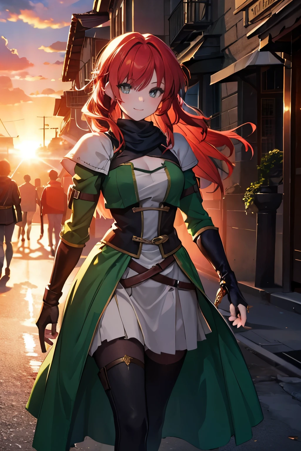 8k wallpaper, masterpiece, movie lighting, medieval setting, Beautiful female rogue with red hair and greenish eyes walking on a winding road with a smile on her face, sunrise with clear skies background