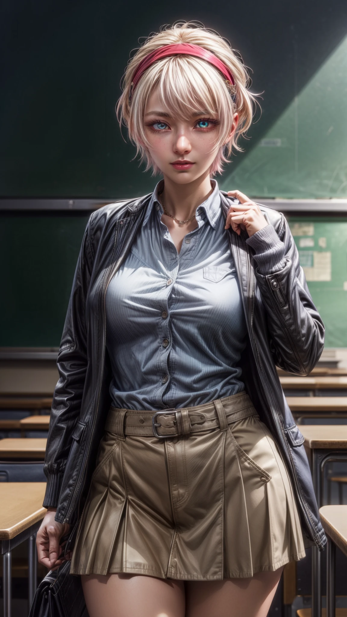 renanatsukawa, rena natsukawa, short hair, hairband, pink hair, (red eyes:1.3), red hairband, smile, large breasts, thick thighs, curvy hips 
BREAK skirt, shirt, jacket, collared shirt, neck ribbon, jacket on shoulders, white shirt, cardigan, blue cardigan, blue jacket,
BREAK indoors, classroom,
BREAK looking at viewer, (cowboy shot:1.5),
BREAK (masterpiece:1.2), best quality, high resolution, unity 8k wallpaper, (illustration:0.8), (beautiful detailed eyes:1.6), extremely detailed face, perfect lighting, extremely detailed CG, (perfect hands, perfect anatomy),