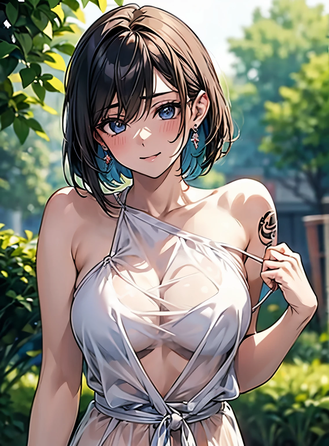 Attractive breasts、Beautiful and attractive anime woman, Enchanting anime girl, Top rated on pixiv、Short Bob、Healthy Body、Are you okay、Laughter、See-through underwear、Earrings、Tattoo all over the back、Quiet、Inconspicuous