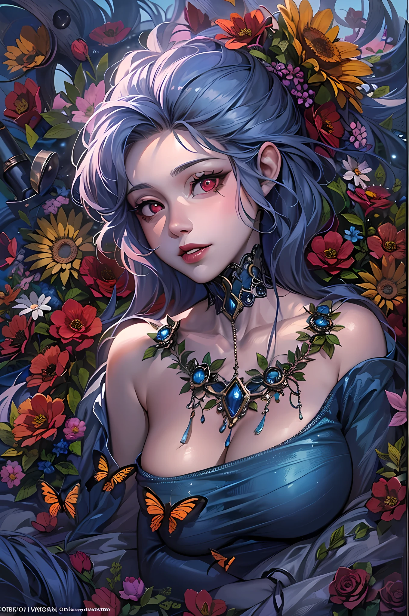 high details, best quality, 16k, RAW, [best detailed], masterpiece, best quality, (extremely detailed), full body, ultra wide shot, photorealistic, dark fantasy art, goth art, RPG art, D&D art, a picture of a dark female fairy resting in a flower meadow, extremely beautiful fairy, ultra feminine (intense details, Masterpiece, best quality), best detailed face (intense details, Masterpiece, best quality), having wide butterfly wings, spread butterfly wings (intense details, Masterpiece, best quality), (blue: 1.5)  colors wings (intense details, Masterpiece, best quality), (blond) hair, long hair, shinning hair, flowing hair, shy smile, innocent smile, (red: 1.3) eyes, dark blue lips, wearing [azure] dress latex corset (intense details, Masterpiece, best quality), dynamic elegant shirt, chocker, wearing (blue: 1.3) high heels, in various shades of red colored flower meadow (intense details, Masterpiece, best quality), (red flowers: 1.2) , (black flowers: 1.2), (white flowers: 1.2), (blue flowers: 1.3) [extreme many flowers] (intense details, Masterpiece, best quality), dark colorful flowers (intense details, Masterpiece, best quality), flower meadow in a dark goth field background, dim light, cinematic light, High Detail, Ultra High Quality, High Resolution, 16K Resolution, Ultra HD Pictures, 3D rendering Ultra Realistic, Clear Details, Realistic Detail, Ultra High Definition, #chinese cloth,