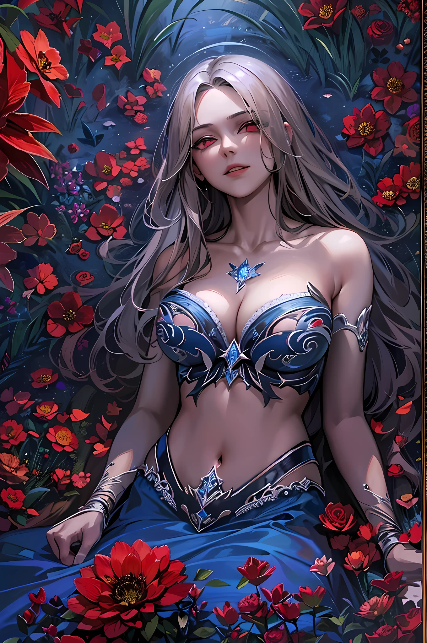 high details, best quality, 16k, RAW, [best detailed], masterpiece, best quality, (extremely detailed), full body, ultra wide shot, photorealistic, dark fantasy art, goth art, RPG art, D&D art, a picture of a dark female fairy resting in a flower meadow, extremely beautiful fairy, ultra feminine (intense details, Masterpiece, best quality), best detailed face (intense details, Masterpiece, best quality), having wide butterfly wings, spread butterfly wings (intense details, Masterpiece, best quality), (blue: 1.5)  colors wings (intense details, Masterpiece, best quality), (blond) hair, long hair, shinning hair, flowing hair, shy smile, innocent smile, (red: 1.3) eyes, dark blue lips, wearing [azure] dress latex corset (intense details, Masterpiece, best quality), dynamic elegant shirt, chocker, wearing (blue: 1.3) high heels, in various shades of red colored flower meadow (intense details, Masterpiece, best quality), (red flowers: 1.2) , (black flowers: 1.2), (white flowers: 1.2), (blue flowers: 1.3) [extreme many flowers] (intense details, Masterpiece, best quality), dark colorful flowers (intense details, Masterpiece, best quality), flower meadow in a dark goth field background, dim light, cinematic light, High Detail, Ultra High Quality, High Resolution, 16K Resolution, Ultra HD Pictures, 3D rendering Ultra Realistic, Clear Details, Realistic Detail, Ultra High Definition, #chinese cloth,