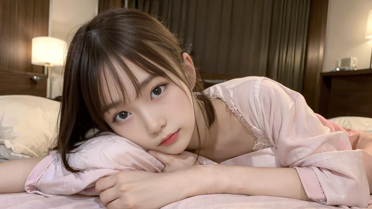 (Best Quality: 1.5), Charming 20-year-old idol, medium hair, shy and blushing expression, very small bust, slender body, yukata, lying face down on a fashionable hotel bed, hand under chin