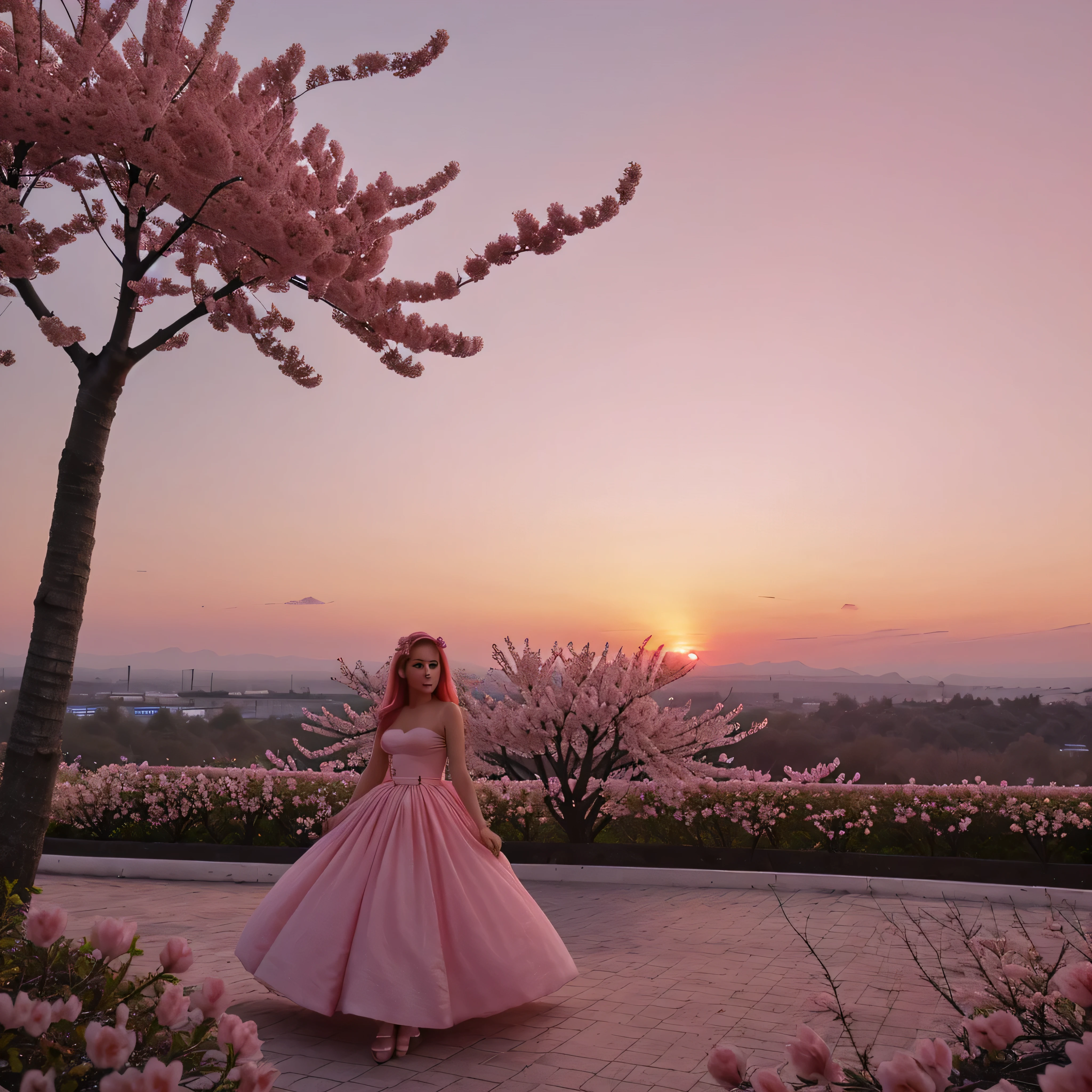 Chery blossoms with pinkish aesthetic sunset