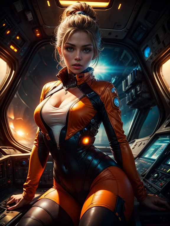 Hyper realistic photo, pretty 25 - year - old android woman, in a spaceship cockpit, with an orange pilot suit, natural pose, her head is connected to her ship by electrical wiring, very beautiful eyes, very beautiful mouth, cinematographic, dramatic, fiction, 4k, aperture, beautiful light, volumetric lighting, epic composition, detailed, masterpiece, thigh-shot