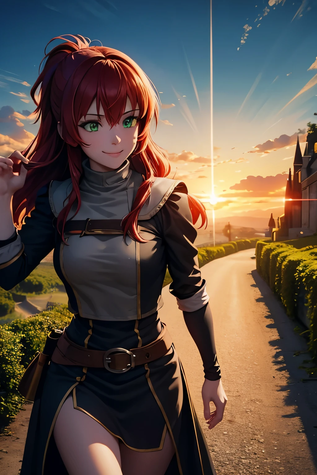 8k wallpaper, masterpiece, movie lighting, medieval setting, Beautiful female rogue with red hair and greenish eyes walking on a winding road with a smile on her face, sunrise with clear skies background